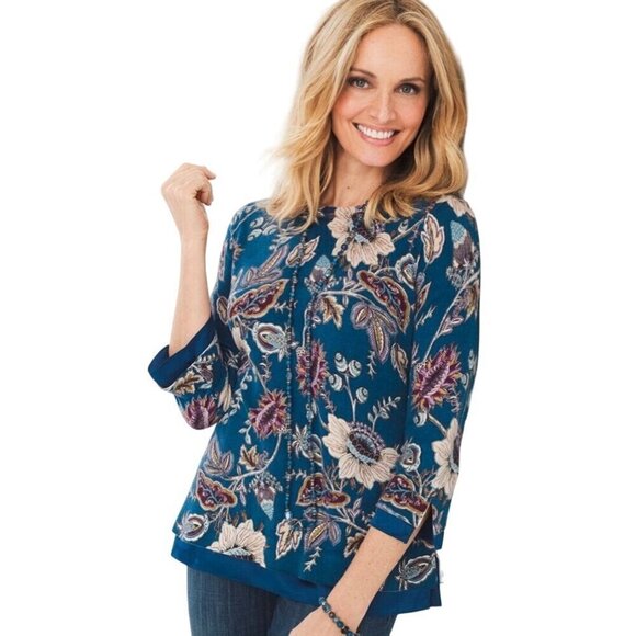 Chico's Floral Woven Trim Pullover Sweater Size L - Picture 1 of 12